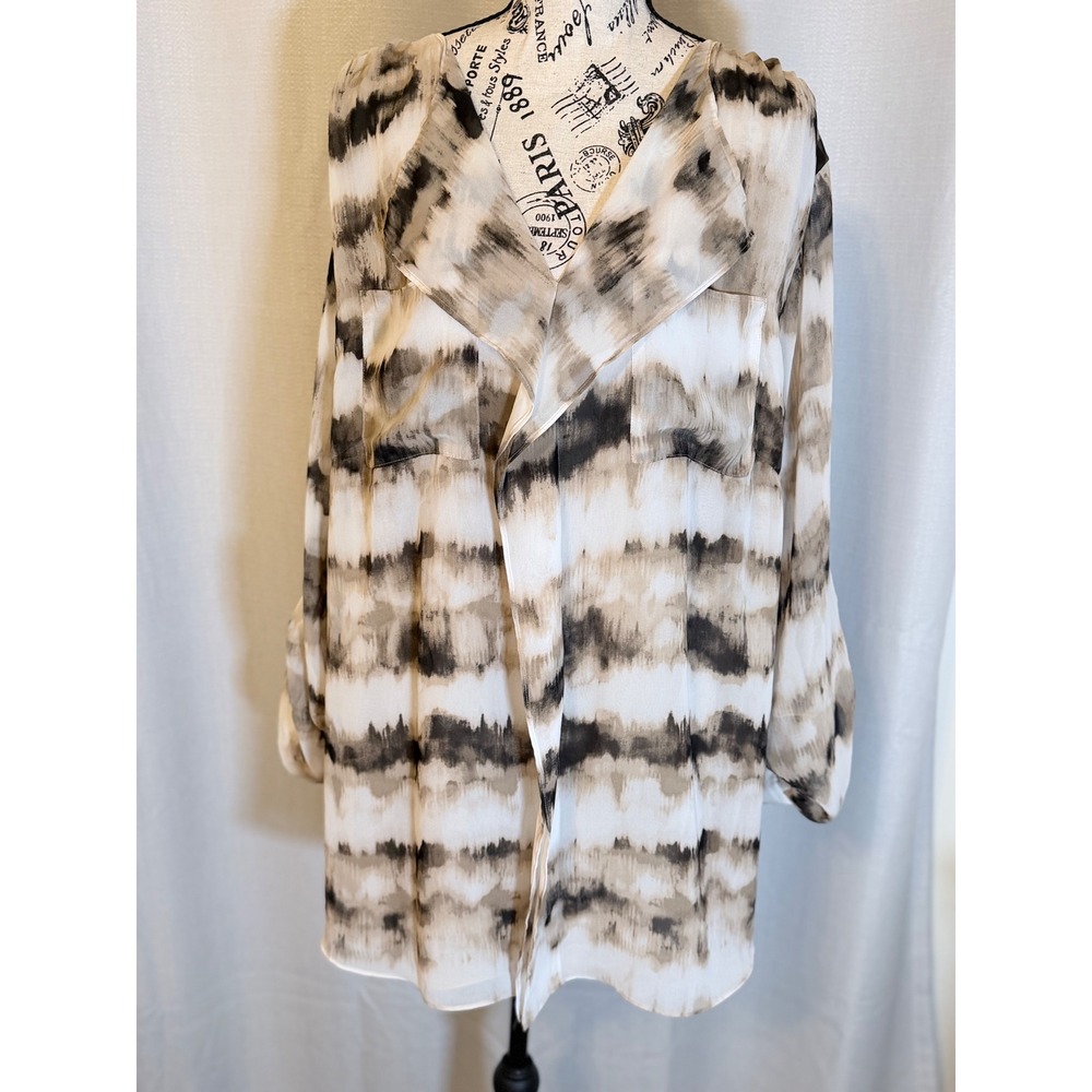 Calvin Klein Plus 3X Abstract Tie Dye Draped Open Front Blouse Tan Black Cream